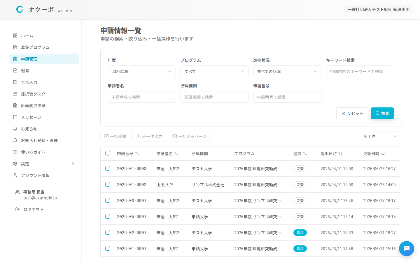 届いた申請を一覧で確認する、事務局向けの画面